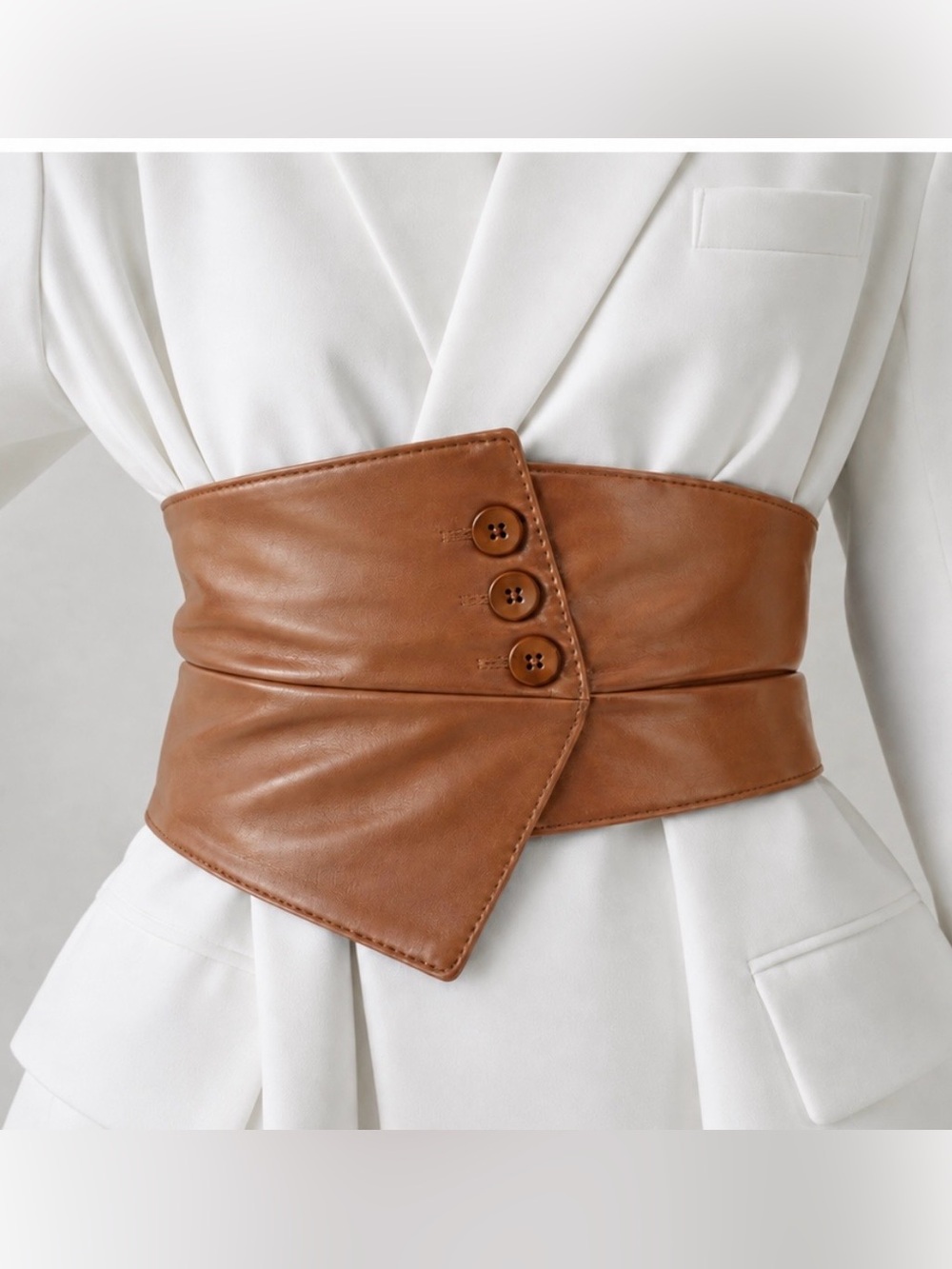 Vegan Leather Wide Corset Assymetrical Belt in Light Brown - Picture 2 of 12